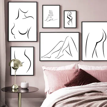 Sexy Dívka Tělo Linka Abstraktní Umění Zdi Malířské Plátno Černé, Bílé Severské Plakáty A Tisky Zeď Obrázky Pro Obývací Pokoj Dekor