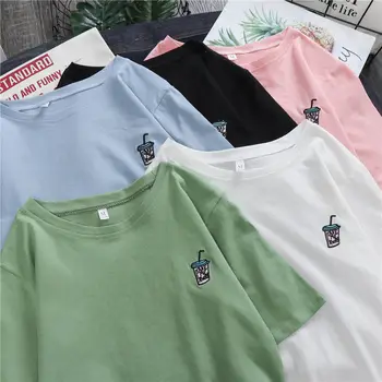 Bavlna Krátký Rukáv T-shirt Ženy Letní Topy korejský Módní Loose t shirt Školačky Mladý Styl Legrační Oblečení