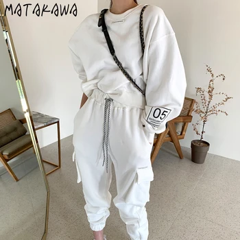 MATAKAWA Kolem Krku Dlouhé rukávy Loose Plus Fleece Mikina+ Vysokým Pasem Stahovací pracovní Oděvy Kalhoty dvoudílné Oblečení pro Ženy