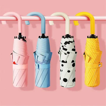 Mini Větruodolný Deštníky Non-automatický Odstín Deštník UV Hák tvaru U Zakřivená Rukojeť Skládací Deštník Pro Ženy Slunečník Malý