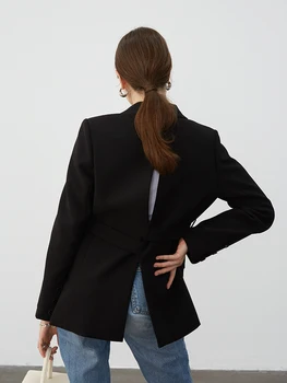 Elegantní černé sako dámské podzimní oblečení stylové zpět rozdělit volné blejzry bundy s pásem manteau femme
