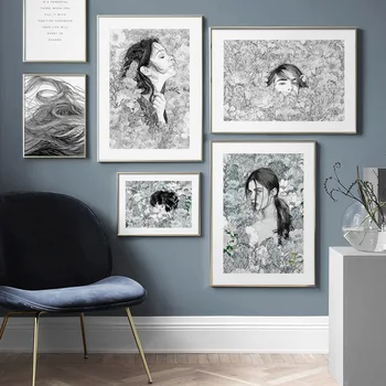 Černá A Bílá Abstraktní Holku, Vlasy, Květinové Nástěnné Umění Malířské Plátno Nordic Plakáty A Tisky Zeď Obrázky Pro Obývací Pokoj Dekor