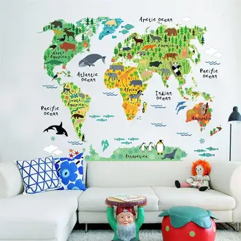 Samolepka Na Zeď Mapa Světa Roztomilých Kreslených Zvířat Kreativní Zeď Obtisk Nástěnné Dekorace Room Decor Tyč