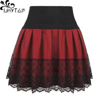 UHYTGF Ženy Podzim zimní sukně red black vysokým pasem skládaná sukně ženy Módní plus velikosti pettiskirt divoké tenké krátké sukně 28