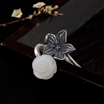 Stříbrný Prsten 925 Sterling Silver, Přírodní Jade Jasper Rose Retro Otevřít Ženy Zásnubní Prsten Jemné Šperky Dárek