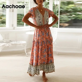 Aachoae Vintage Beach Dlouhé Maxi Šaty V Krku Květinové Tisk Boho Šaty Krátký Rukáv Elegantní Skládaný Letní Šaty Letní Šaty Vestido