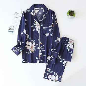 Nové jaro a podzim s dlouhým rukávem kalhoty dámské pyžamo viskoza svetr motýl květ jednoduchý tenký domácí služby létě