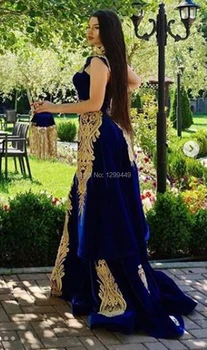 Eightale arabština Večerní Šaty s Odepínací Sukně Dva Kusy Modré Maroko Kaftan Mořská panna Formální Sametové Prom Party Šaty