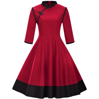 Sisjuly vintage šaty 1950 jarní černá patchwork line party šaty qipao krku elegantní červené tři čtvrtletí retro šaty nové