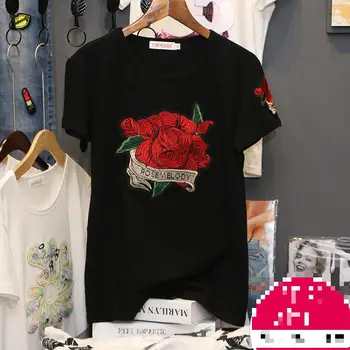 Zuolunouba Casual Bavlna Topy Krátký Rukáv Krásné Růže Harajuku Výšivky Plus Velikost Karikatura Ženy T Košile