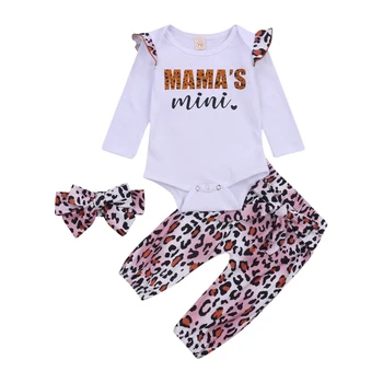 Tři Kus Baby Girl\u2019s Oblečení Jedinečný Dopis Dlouhý Rukáv Romper a Leopard Dlouhé Kalhoty s Čelenkou 0-24 Měsíců