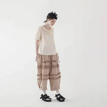 Imakokoni originální design béžové krajky límec T-shirt Mori bavlna ženy 20 jaře nové 202918