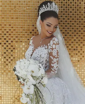 Luxusní Dubaj V Saúdské Arabské Krajky Mořská Panna Svatební Šaty Sexy Iluzi Dlouhý Rukáv Nevěsty Šaty Krystaly, Korálky Svatební Šaty