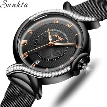 SUNKTA 2021 Hodinky Ženy NOVÉ Značky Luxusní Móda z Nerezové Oceli Dámské Náramkové Hodinky Černé Náramkové hodinky Pro Ženy Montre Femme