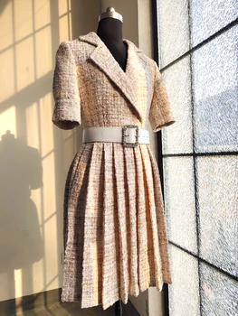2019 Podzim ženy vysoce kvalitní pás tweed skládaný šaty Elegantní OL krátké rukávy šaty B215
