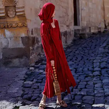 BOHO INSPIROVANÝ červené šaty s kapucí Cikánské ženy šaty V-neck dlouhý lucerna rukáv elastický wasit štěrbinou dlouhé šaty hippie chic 2020