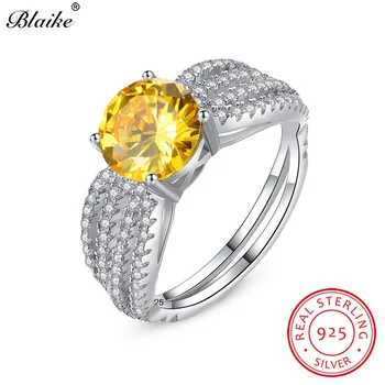 Blaike Přírodní S925 Sterling Silver Kolo Topaz Kámen prsten Pro Ženy AAA Žlutý Zirkon Vintage Snubní prsteny Jemné Šperky