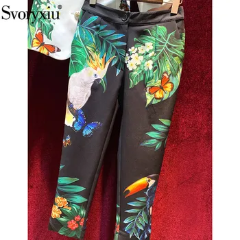Svoryxiu Značkové Módy Podzim Zima Office Lady dvoudílný Set Dámské Flitry Korálkové Kabát + Parrot Flower Print Kalhoty Obleky