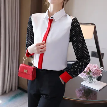 Korejský šifon halenka nový 2020 šití tištěné šifon tričko ležérní oblečení elegantní dlouhý rukáv šifon ženy topy