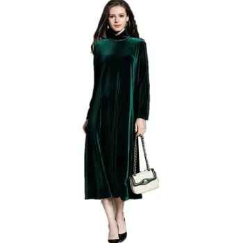 Zimní Sametové Šaty 2020 plus Velikost Dlouhý Rukáv Rolák Zelená Tunika Elegantní Šaty Ležérní Retro Vintage velurové Party Šaty