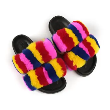 Módní Kožešinové Pantofle Pro Ženy Načechraný Králičí Kožešiny Snímky Plochý Venkovní Rainbow Sandály Luxusní Žabky Dámy Roztomilé Chlupaté Boty