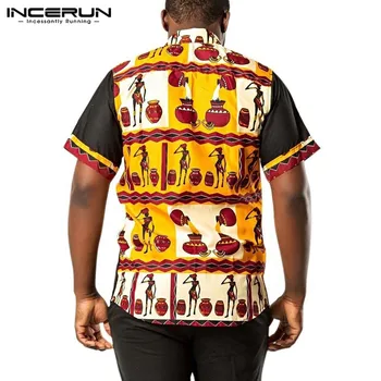 INCERUN Muži Tričko Africké Oblečení Krátký Rukáv Letní Streetwear Tisk Patchwork 2021 Dashiki Ležérní Košile Módní Klopě Camisa