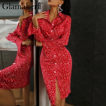Glamaker Polka dot tištěné červené módní midi šaty Zimní podzim satén office dámy tlačítka 2020 nový styl elegantní šaty