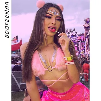 BOOFEENAA Fuzzy Růžové Umělé Kožešiny, Sexy Bralette Crop Top Rave Festival Ohlávka s hlubokým Výstřihem Obvaz Letní Topy pro Ženy 2020 C94-H01
