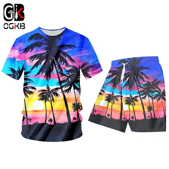OGKB Nový 2-pic Sad Man Shirt A Šortky Módní Ležérní 3D Havaj Tisk Beach Quick Dry Top Havajské Letní Tepláková souprava Muži Oblek