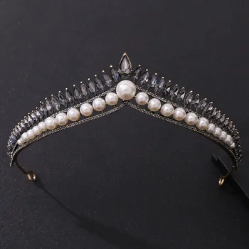 FORSEVEN Luxusní Ručně vyráběné Černá Crystal Pearl Crown Zlaté Barvy Diadém Ženy Headpeice Čelenka Nevěsta Svatební Vlasy Příslušenství SL