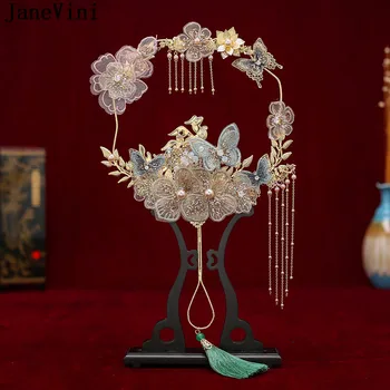 JaneVini Modré Antické Svatební Svatební Fan Umělé Čínský Styl Nevěsty Kytice Květin, Duté Zlato Květinové Střapec Svatební Ventilátor