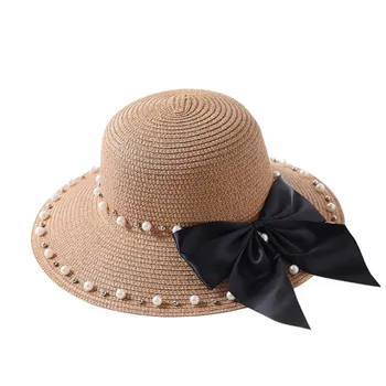 2018 módní Rodič-dítě v Létě Nový Britský pearl lištování Velkou mašlí, šaty, dívka čepice dítě Stínování sun hat Lady plážový klobouk