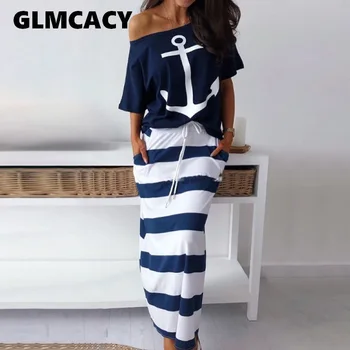 Ženy Letní Plus Velikosti Elegantní Dovolenou Dva kusy Oblek Sady Dámy Lodi Kotva Tisk T-Shirt A Pruhované Maxi Sukně Sady