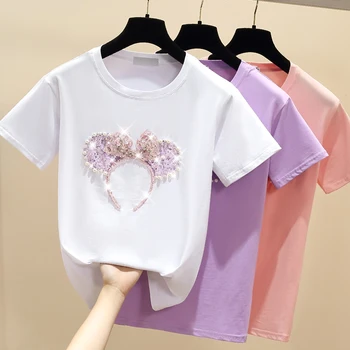 Gkfnmt Lištování T-Shirt Letní Krátký Rukáv Dámské Top Růžové Tričko Bavlny korejský Styl T-shirt Ženy Oblečení Tričko Femme Bílé
