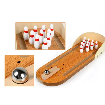 Mini Desktop Bowling Herní Set Dřevěný Bowling Deset Kovový Pin Míč Psací Stůl