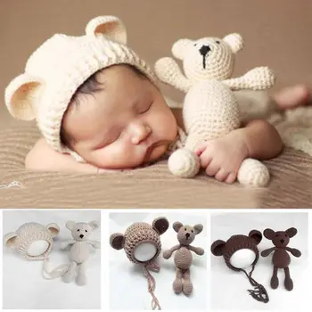 Malý Medvěd klobouk a panenka Foto Rekvizity novorozence fotografie baby háčkování oblečení chlapec příslušenství dívka oblečení