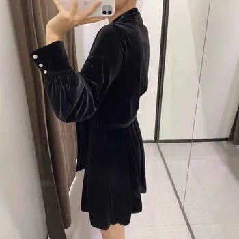 Za 2020 Ženy Sametové Šaty Ženy Dvouřadový Klopě Dlouhý Rukáv S Pás Mid-length Šaty Dámské Černé Elegantní Šaty