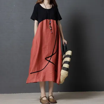 Šaty Letní nový styl roku 2020 korejská verze volný velikost ženy módní bavlny a konopí kolize barva kulatý límec Šaty
