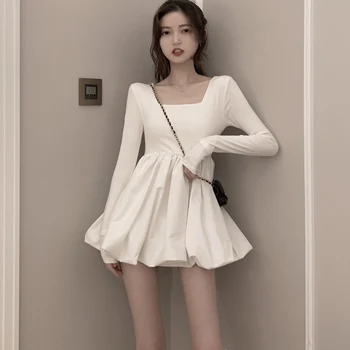 Bílé Šaty Roztomilý Kawaii Mini Šaty Ženy Vintage Podzim Letní Šaty Tyl Party Noc Náměstí Krku Šaty Korejský Lolita 2020