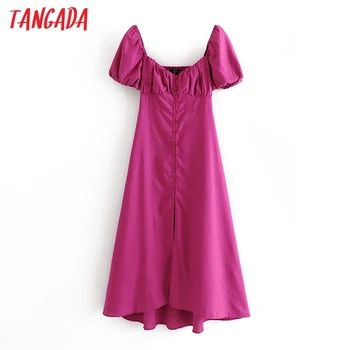 Tangada 2020 módní ženy solidní hotpink šaty skládaný puff krátký rukáv dámské ležérní midi šaty vestidos 3H671