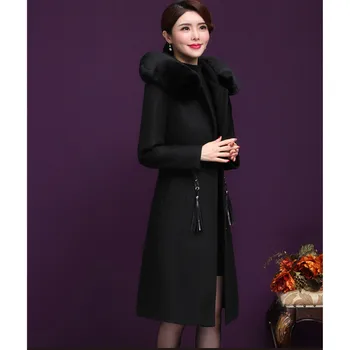 UHYTGF Kvalitní kašmírový vlny kabát ženy módní kožešinový límec s kapucí teplý dlouhý kabát podzim zimní vlněný kabát ženy plus velikosti 442