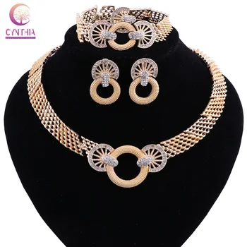 Africké Šperky Sady Zlato Barva Květina Tvar Crystal Náhrdelník Náušnice Sady Módní Svatební Elegantní Kostým Šperky Set