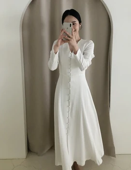Na Jaře Nová Elegantní Dámská Bílá Slim Šaty Dlouhý Rukáv V Krku Jediného Breasted Módní Office Lady Bodycon Šaty