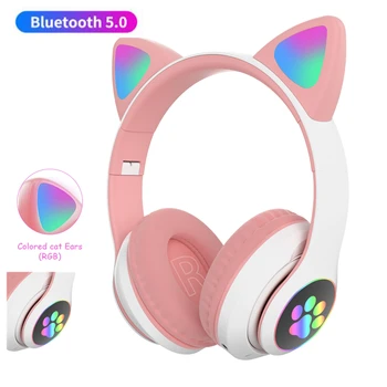 Bezdrátová Bluetooth Sluchátka s Mikrofonem Hlavu-Nasedl na Roztomilé Kočky, LED Světlo, Sluchátka Stereo Bass Music Headset pro Dítě, Dívka, Dárek