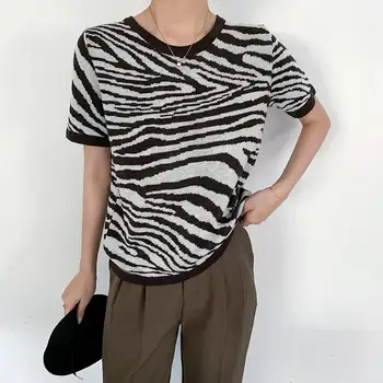 Na Podzim Roku 2020 Módní Kulatý Výstřih Krátký Rukáv Topy Ženy Zebra Pruhovaný Tenký Pletený Svetr Ženské T-Shirt