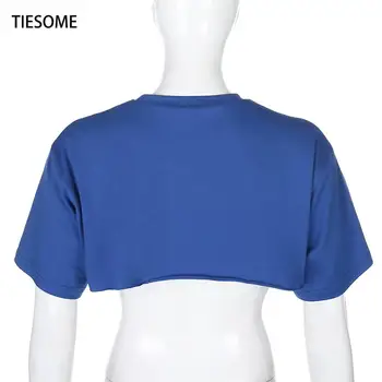 TIESOME 2020 Krátký Rukáv Dopis Tisk Modré O-Neck Sexy Tričko Pro Ženy Klub High Street Oblečení Ženy Topy Volné Topy Tee