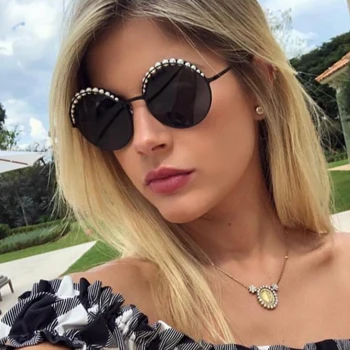 QPeClou Luxusní Perly Kulaté sluneční Brýle, Ženy Módní Značky Zrcadla Sluneční Brýle Žena 2018 Nové Brýle Dámy Oculos UV400