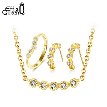 Effie Královna Módní Zlaté Barvy Ženy Šperky Set 925 Stříbrný Náhrdelník Náušnice Prsten pro Ženy Šperky Svatební Party Dárek DSS56