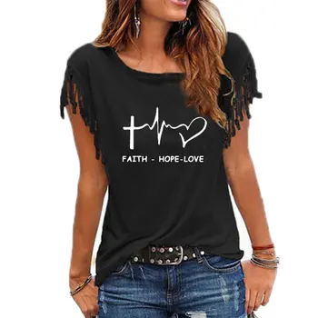 Víra, Naděje, Láska, Křesťanské Ženy T-shirt bez Rukávů Ležérní Tričko Letní Příležitostné O-Krk Bavlněné Tričko Topy