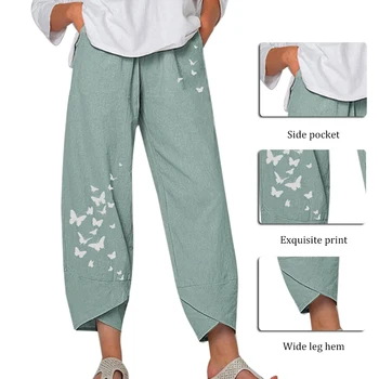 Letní dámské bavlněné plátěné kalhoty celé nohy 2020 volné butterfly tisk široký nohou kalhoty, ženy ležérní kalhoty